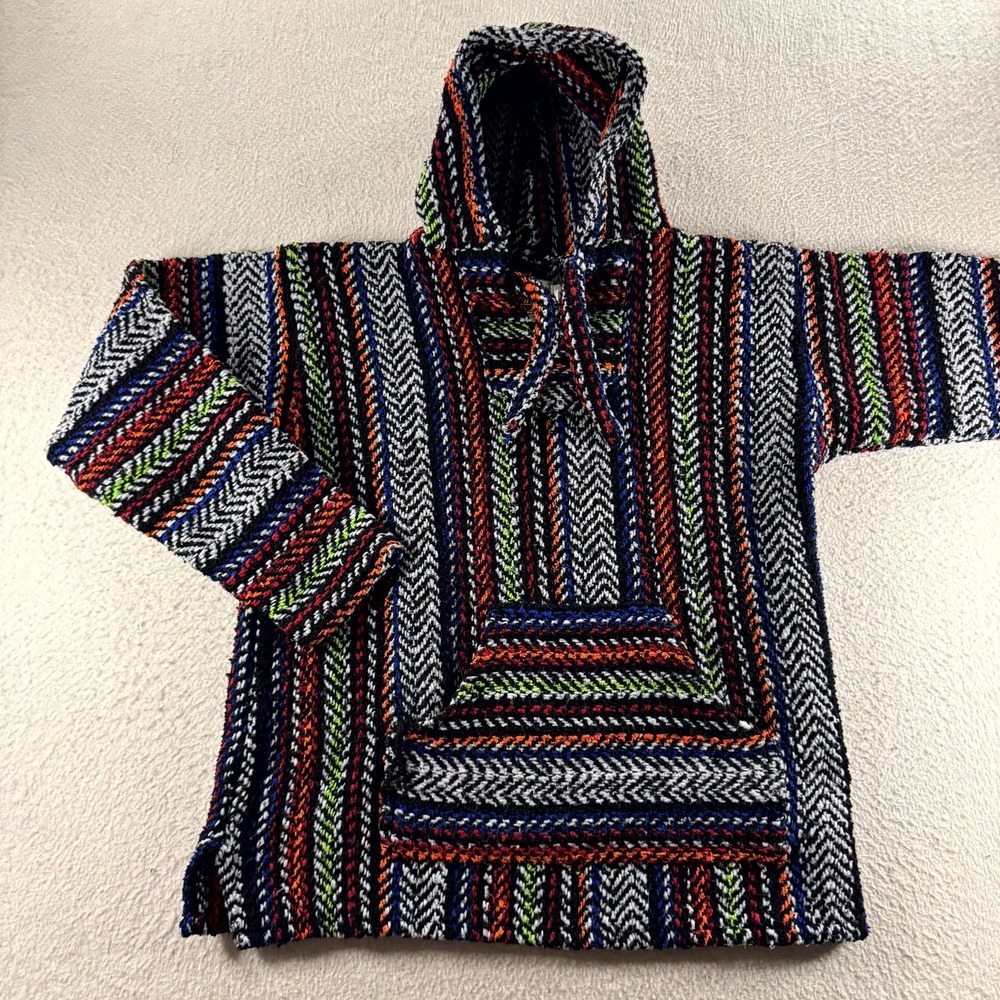 Earth Ragz Baja Hoodie Mens S Multi Color  Woven Striped Pullover Earthy Hippie